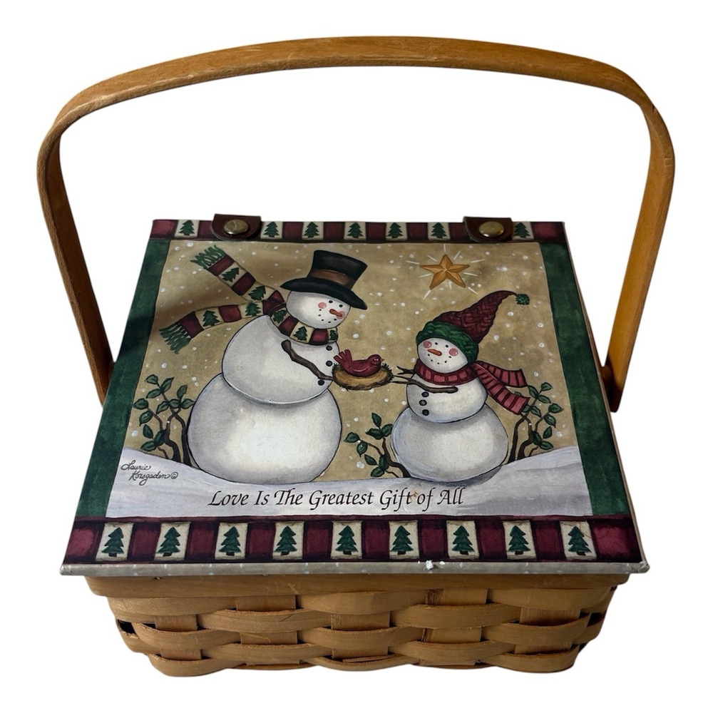 Snowman Woven Wood Basket with Lid